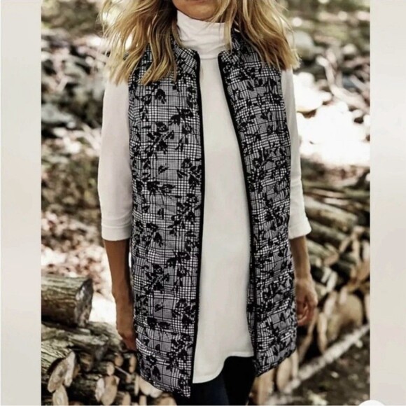 J. Jill Black White Floral Long Line Down Puffer Full Zip Tunic Medium Petite - Picture 1 of 9